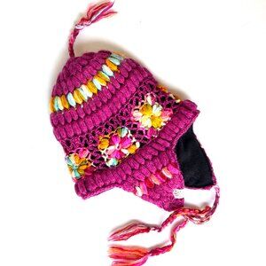 Nirvanna Designs Pink Hand Knit Crochet Floral Wool Earflap Hat